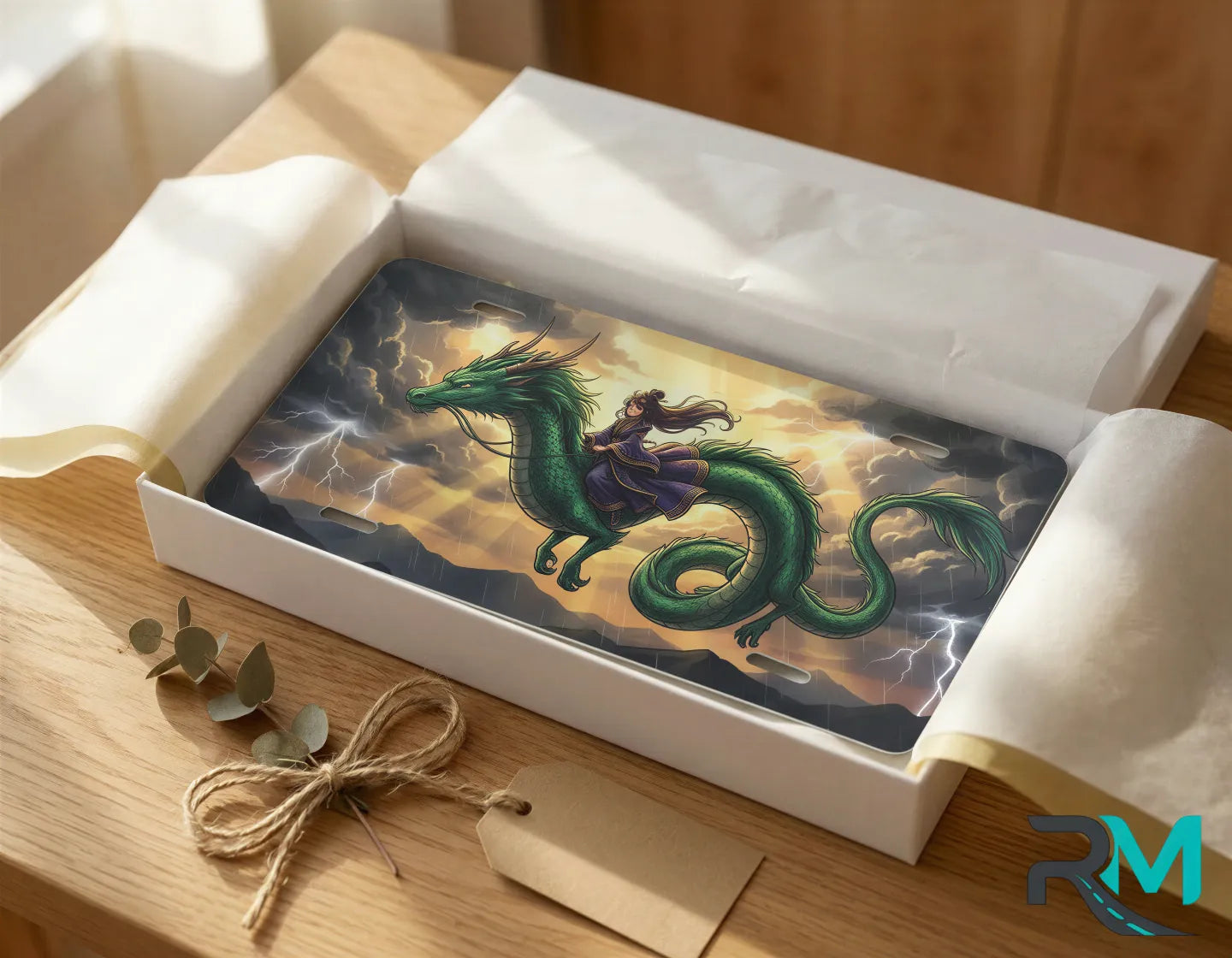 emerald dragon rider vanity plate as gift — rich emerald dragon storm gold license plate ready to give