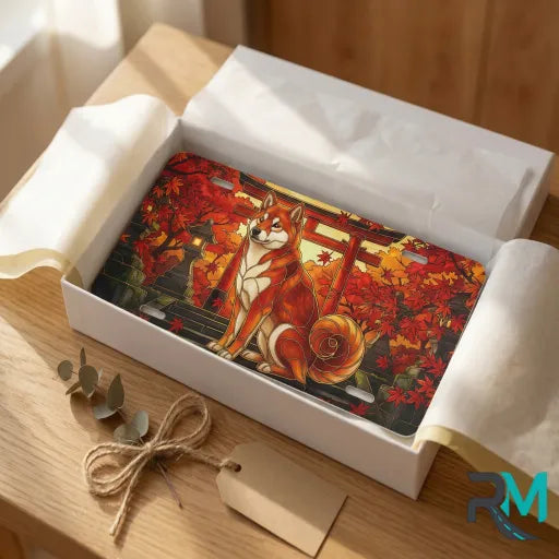 autumn fox torii vanity plate as gift — vermillion torii fox maple license plate ready to give