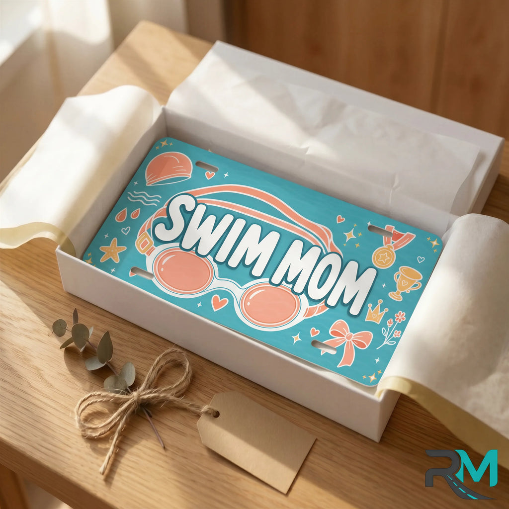 swim mom vanity plate as gift — teal coral SWIM MOM license plate ready to give