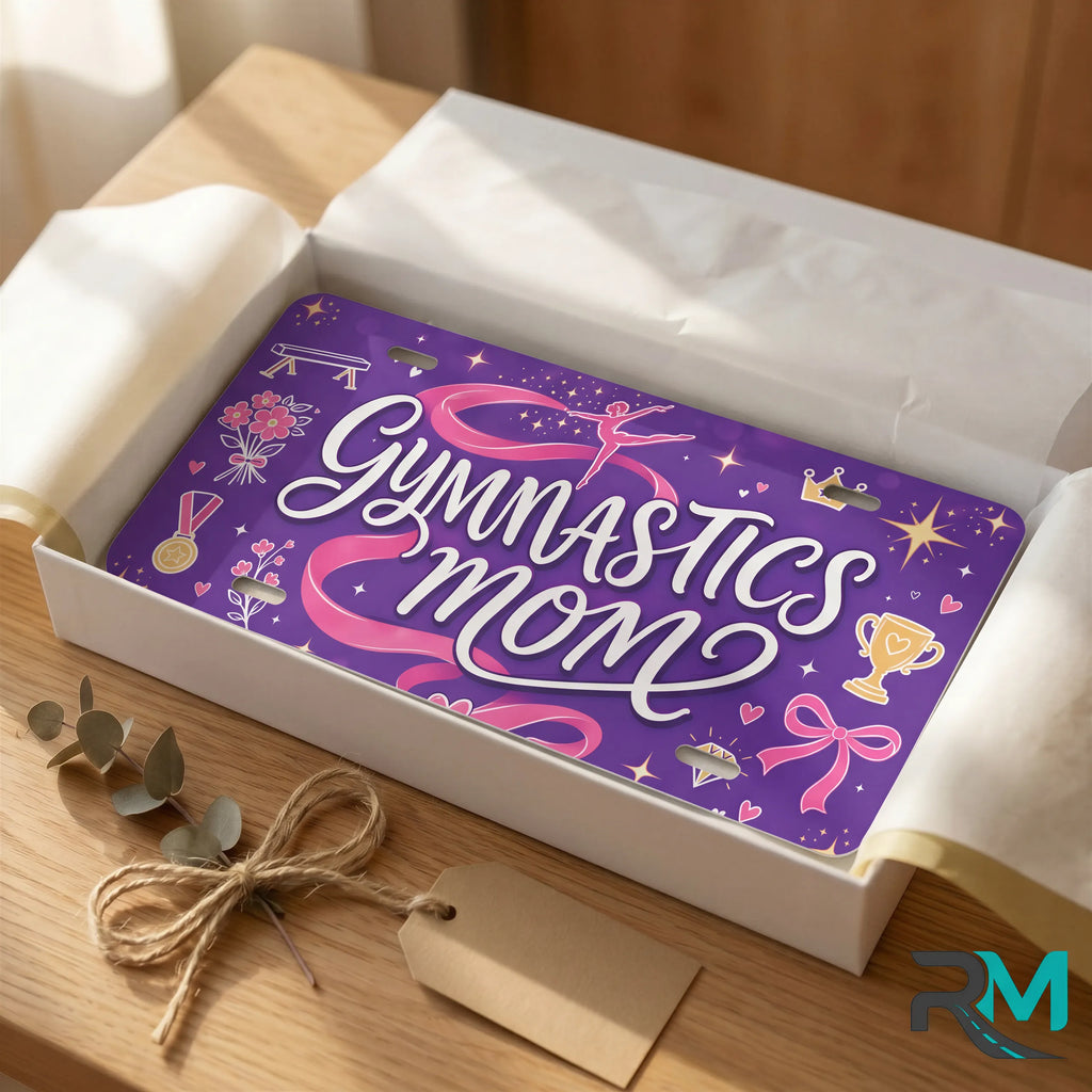 gymnastics mom vanity plate as gift — purple pink GYMNASTICS MOM license plate ready to give