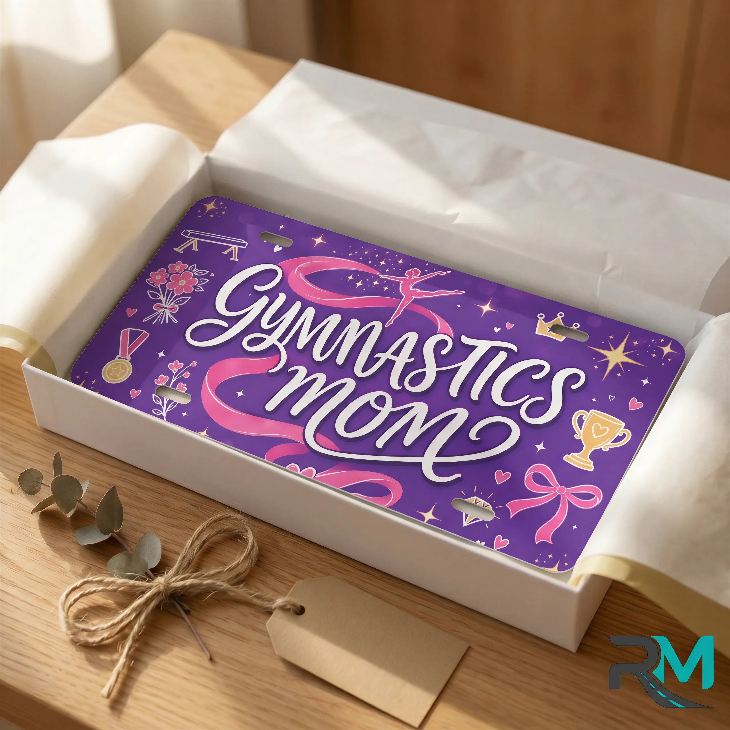 gymnastics mom vanity plate as gift — purple pink GYMNASTICS MOM license plate ready to give