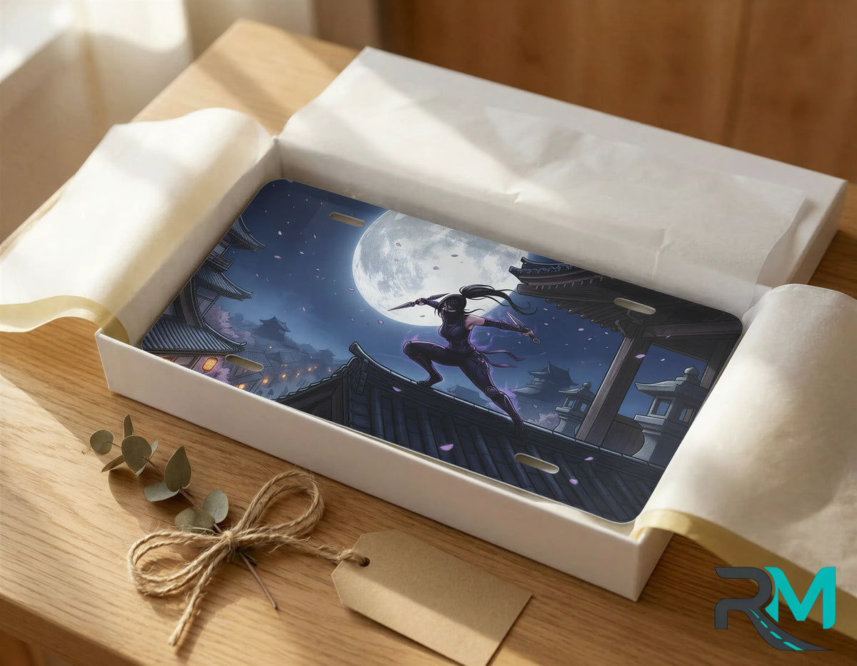 moonlit ninja vanity plate as gift — glowing moon midnight ninja rooftop license plate ready to give