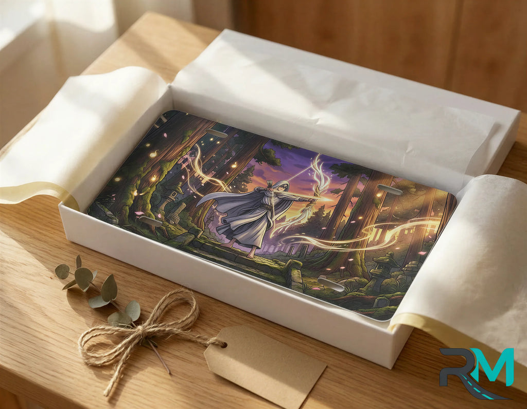 forest wizard vanity plate as gift — deep purple gold wizard magic license plate ready to give