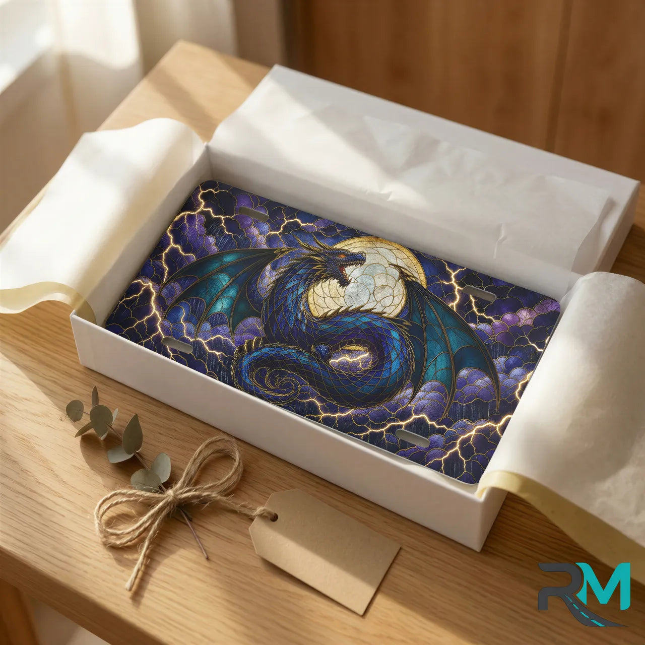 blue dragon vanity plate as gift — jewel blue teal dragon moon license plate ready to give