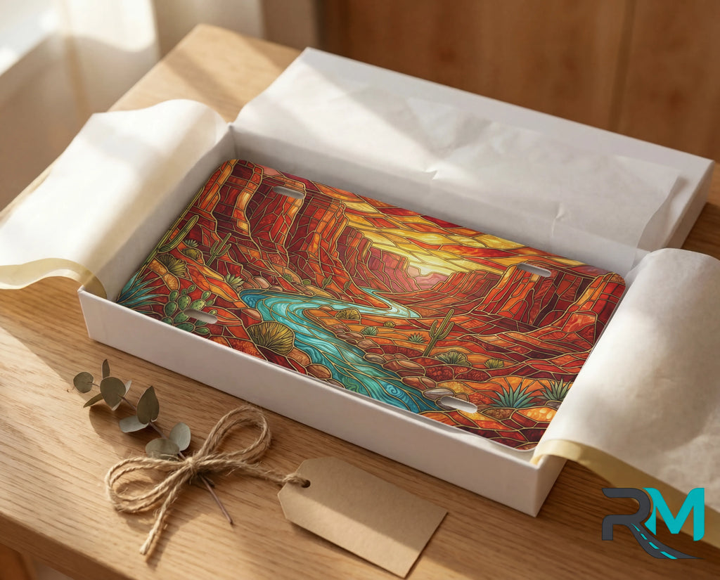 desert canyon river scenic vanity plate as gift — turquoise creek red rock canyon license plate ready to give
