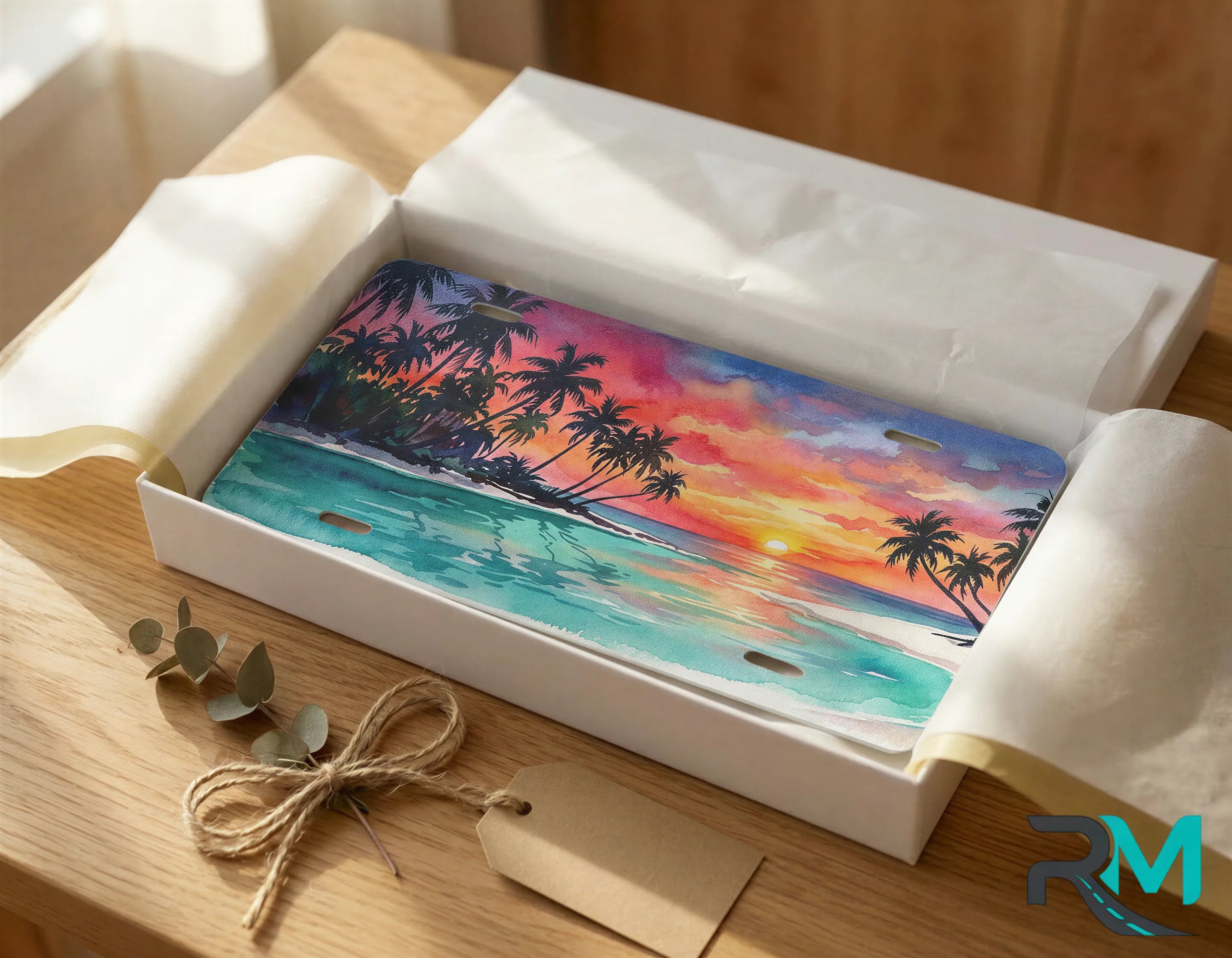 tropical sunset vanity plate as gift — palm tree beach scene license plate ready to give