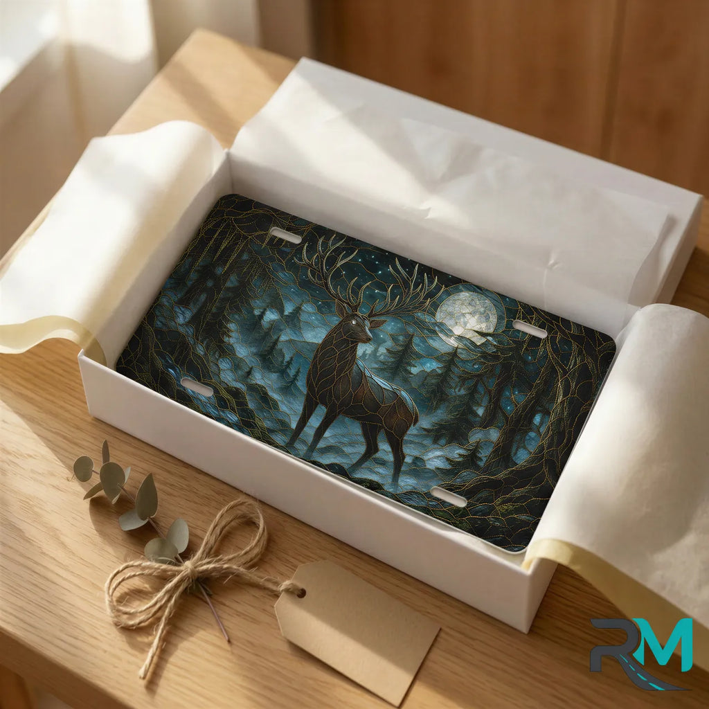 moonlit stag vanity plate as gift — deep teal stag forest night license plate ready to give