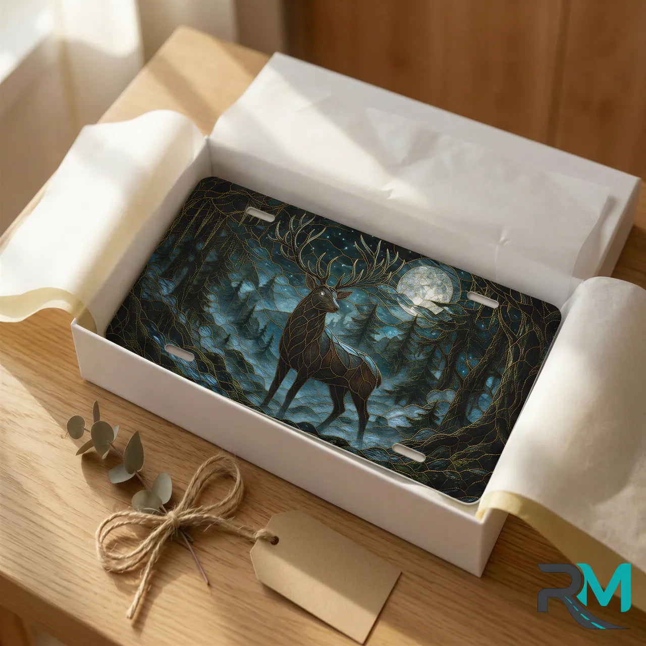 moonlit stag vanity plate as gift — deep teal stag forest night license plate ready to give