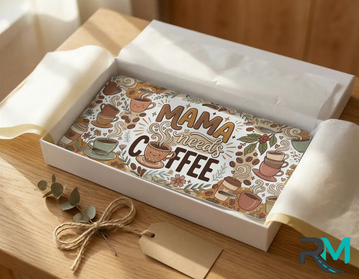 mama needs coffee neutral vanity plate as gift — soft taupe coffee license plate ready to give