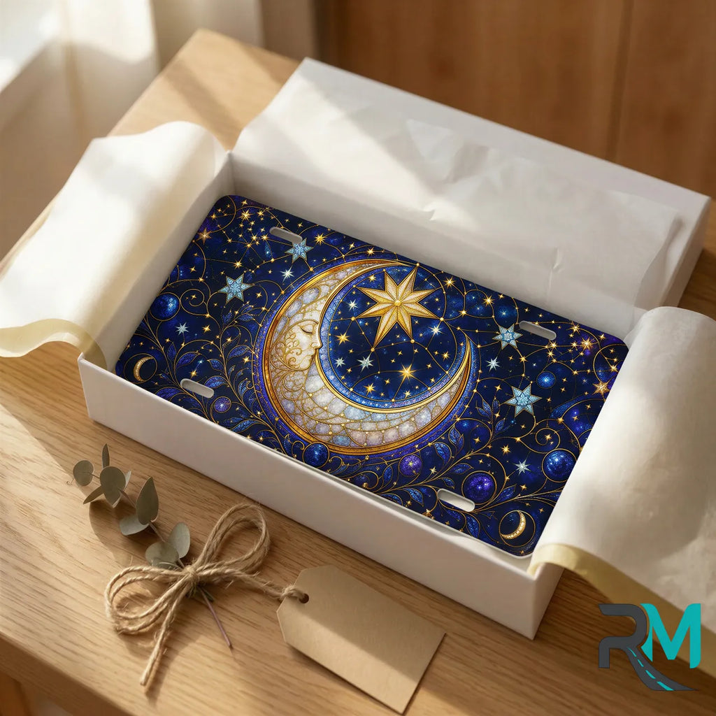 moon star vanity plate as gift — deep indigo crescent moon gold stars license plate ready to give