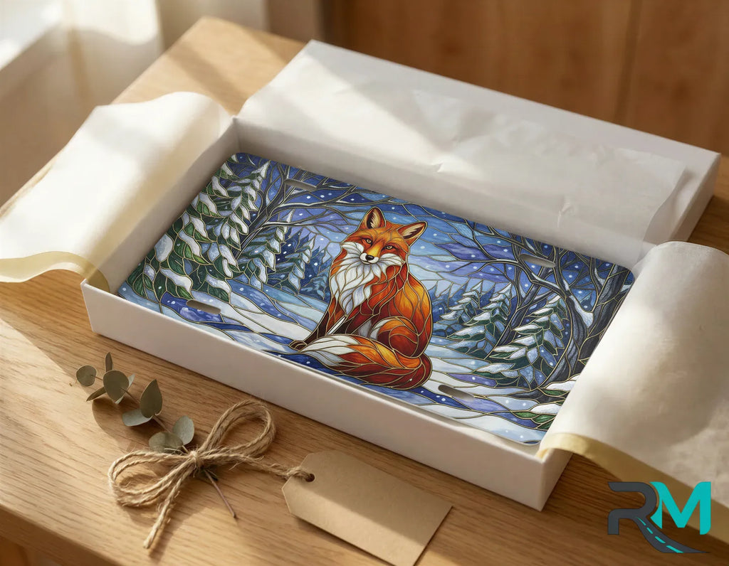 red fox winter vanity plate as gift — snowy forest fox license plate ready to give
