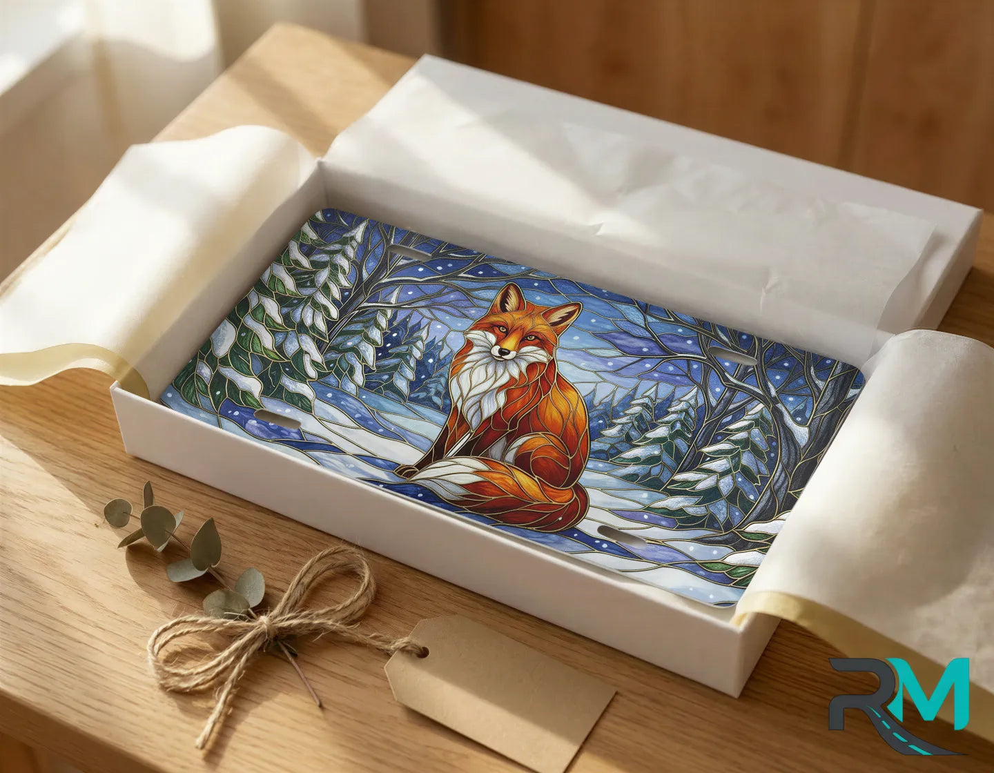 red fox winter vanity plate as gift — snowy forest fox license plate ready to give