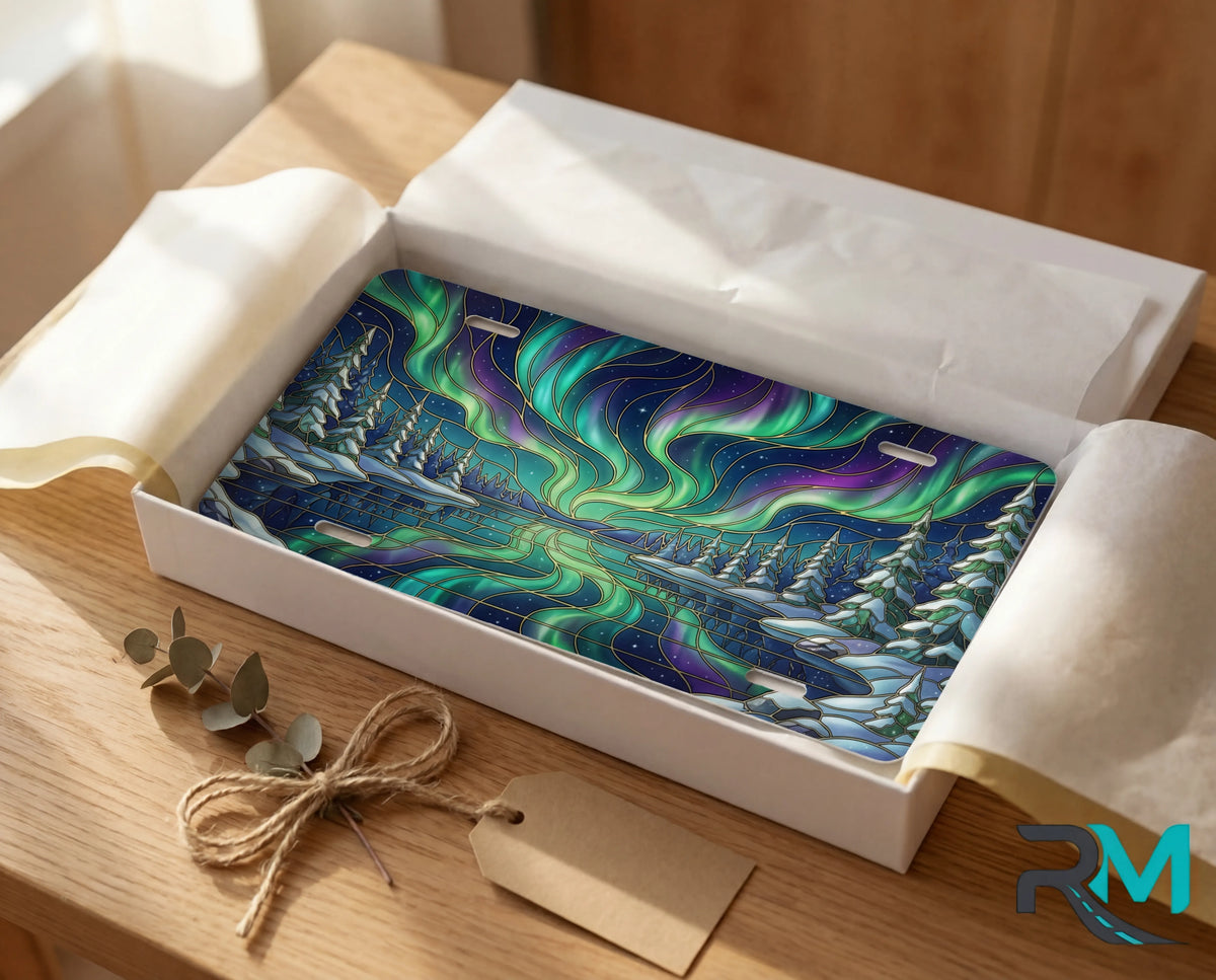 northern lights aurora license plate flat lay — vivid emerald violet aurora winter lake snow pines front plate