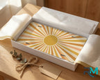 retro yellow orange vanity plate as gift — warm mustard peach sunburst ready to give