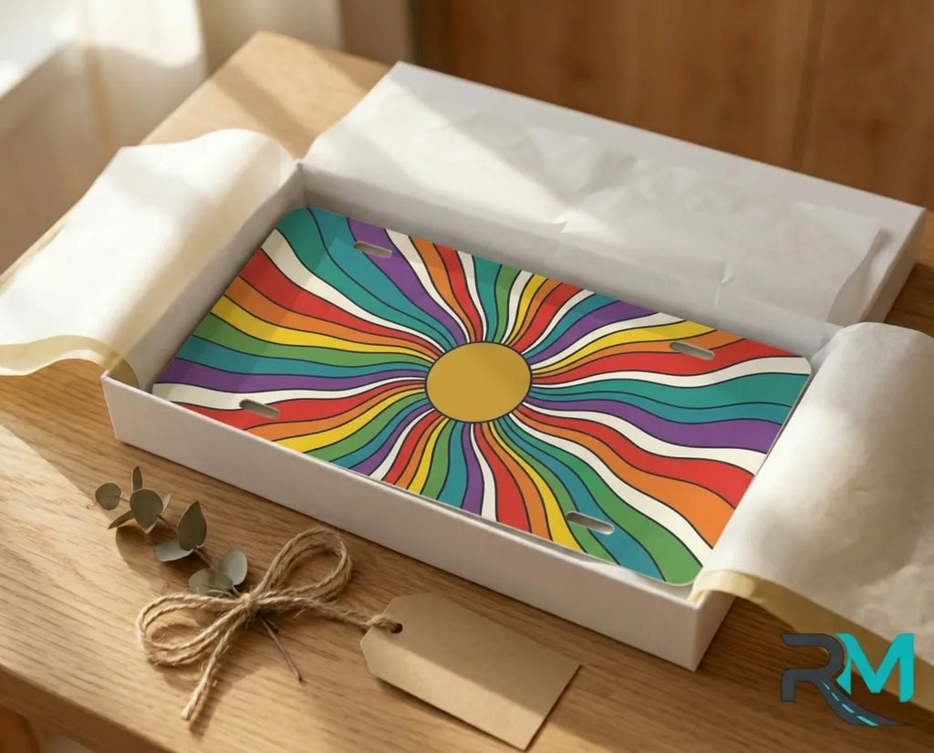 rainbow sunburst vanity plate as gift — colorful retro license plate ready to give