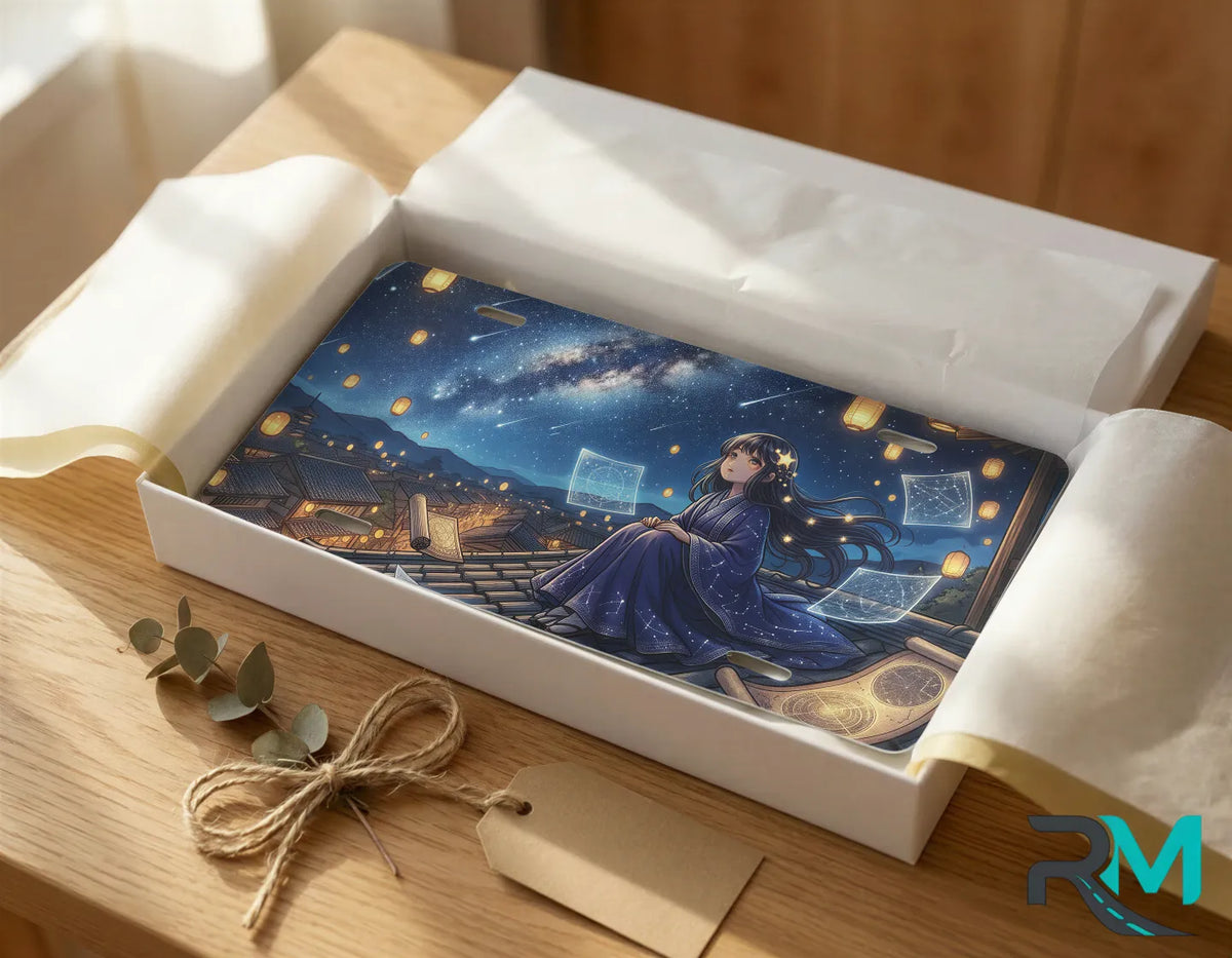 starry night girl vanity plate as gift — deep blue night rooftop lanterns license plate ready to give
