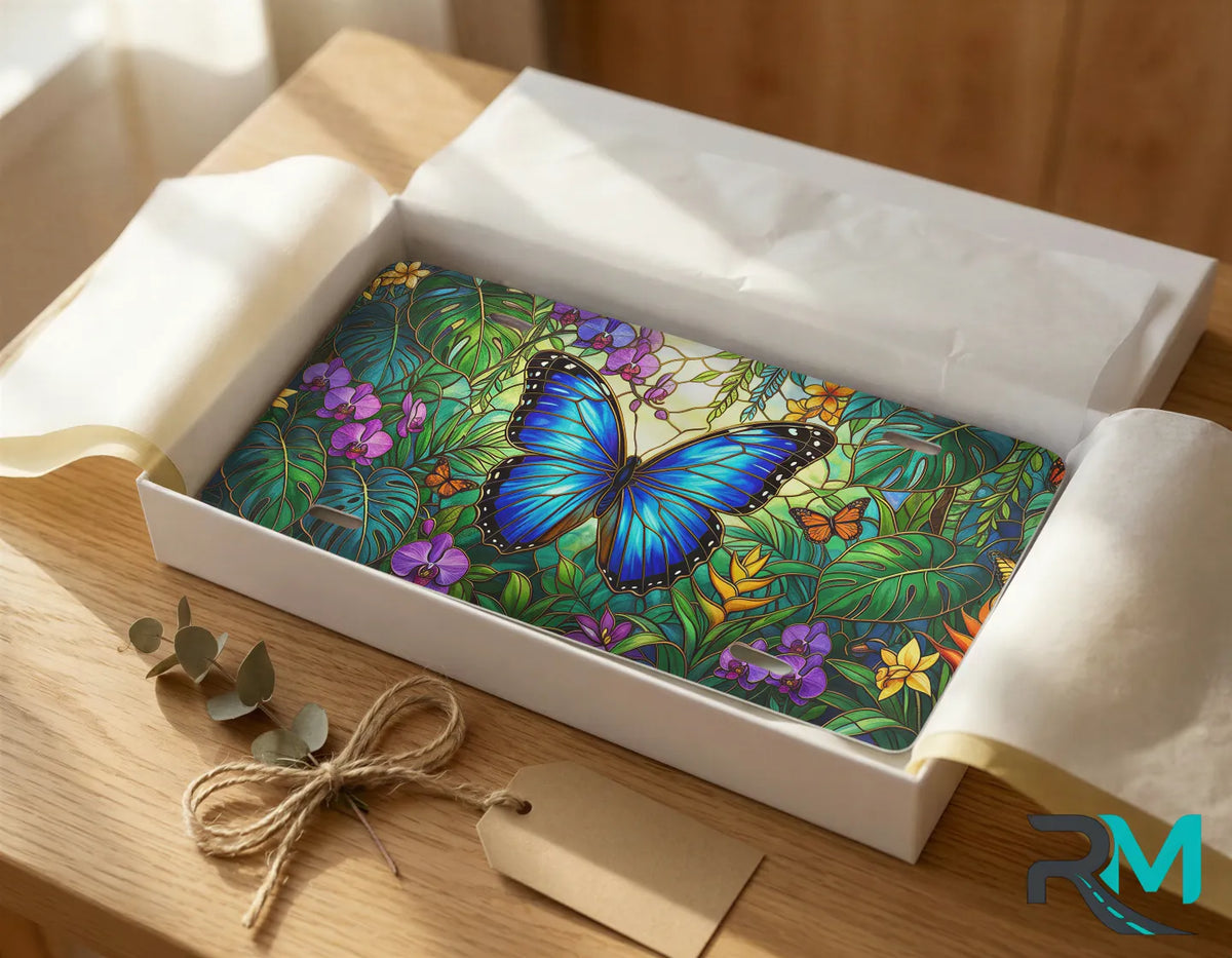 blue butterfly vanity plate as gift — vivid blue butterfly tropical floral license plate ready to give