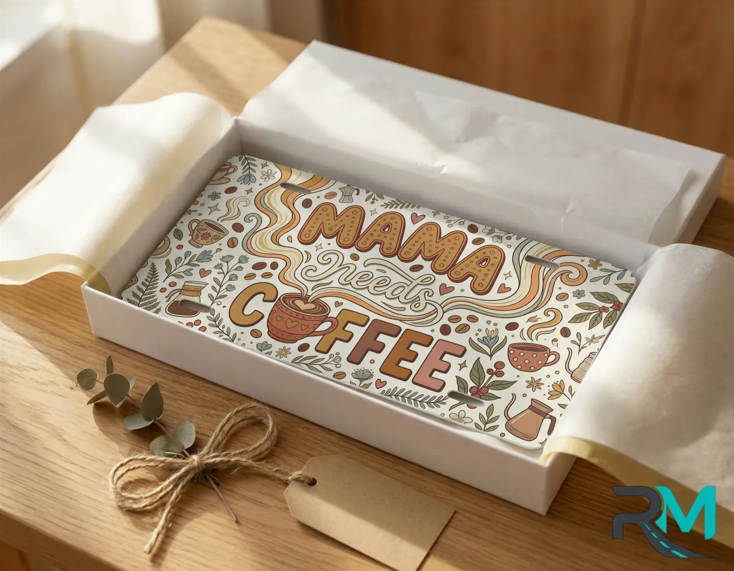 mama needs coffee vanity plate as gift — retro floral coffee license plate ready to give
