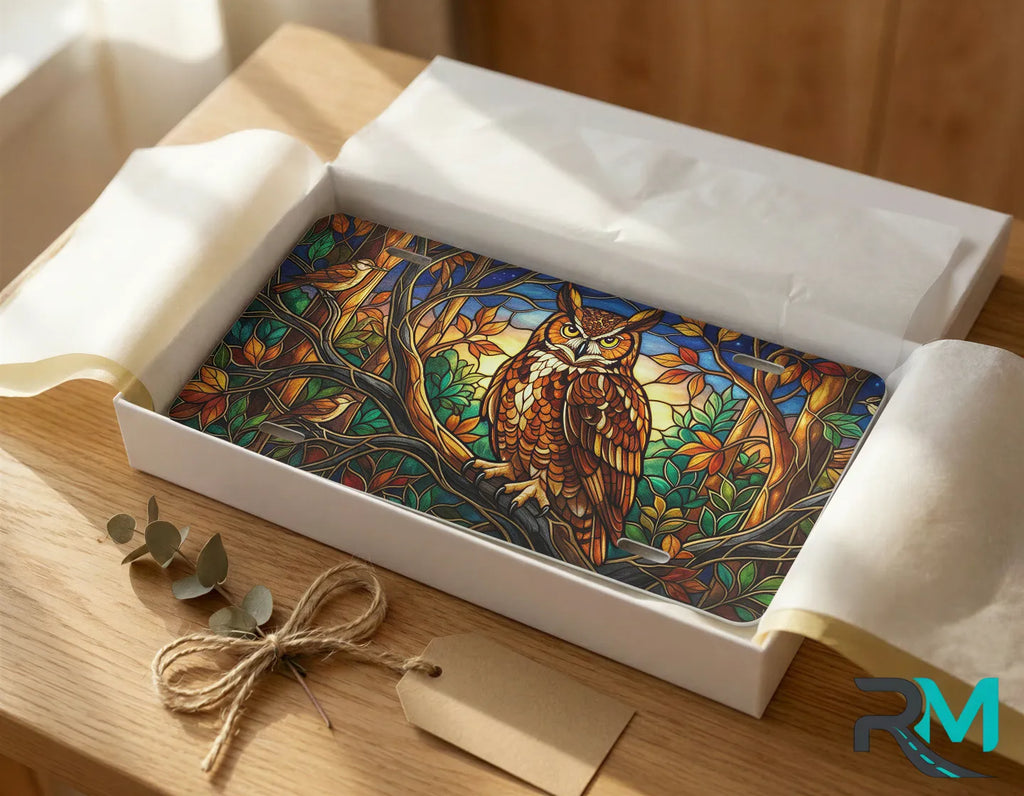 stained glass owl vanity plate as gift — autumn woodland owl license plate ready to give
