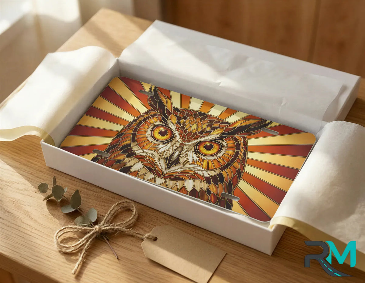 owl illustration vanity plate as gift — stained glass wildlife bird license plate ready to give