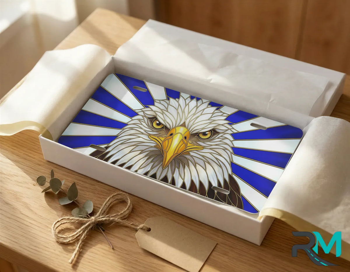 bald eagle vanity plate as gift — patriotic stained glass eagle license plate ready to give