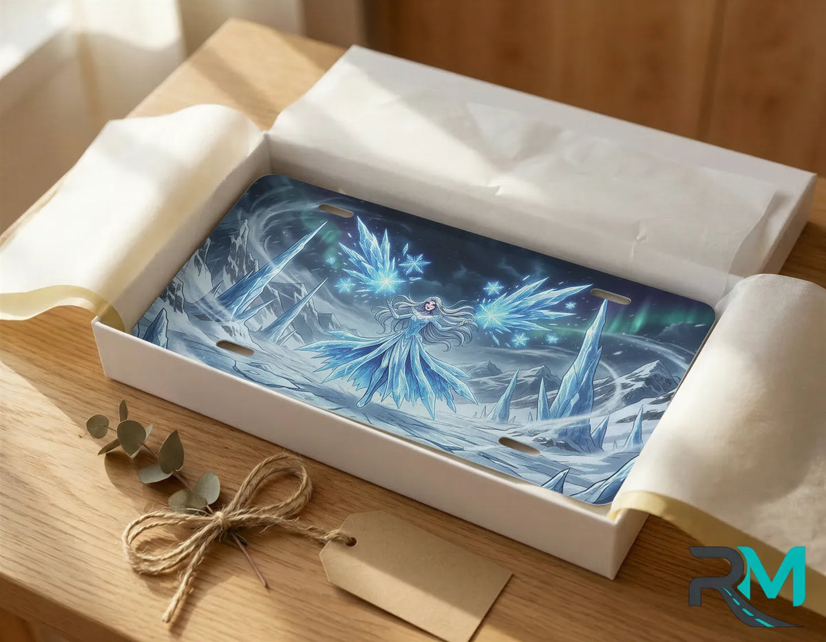 ice sorceress vanity plate as gift — luminous ice blue crystalline sorceress license plate ready to give