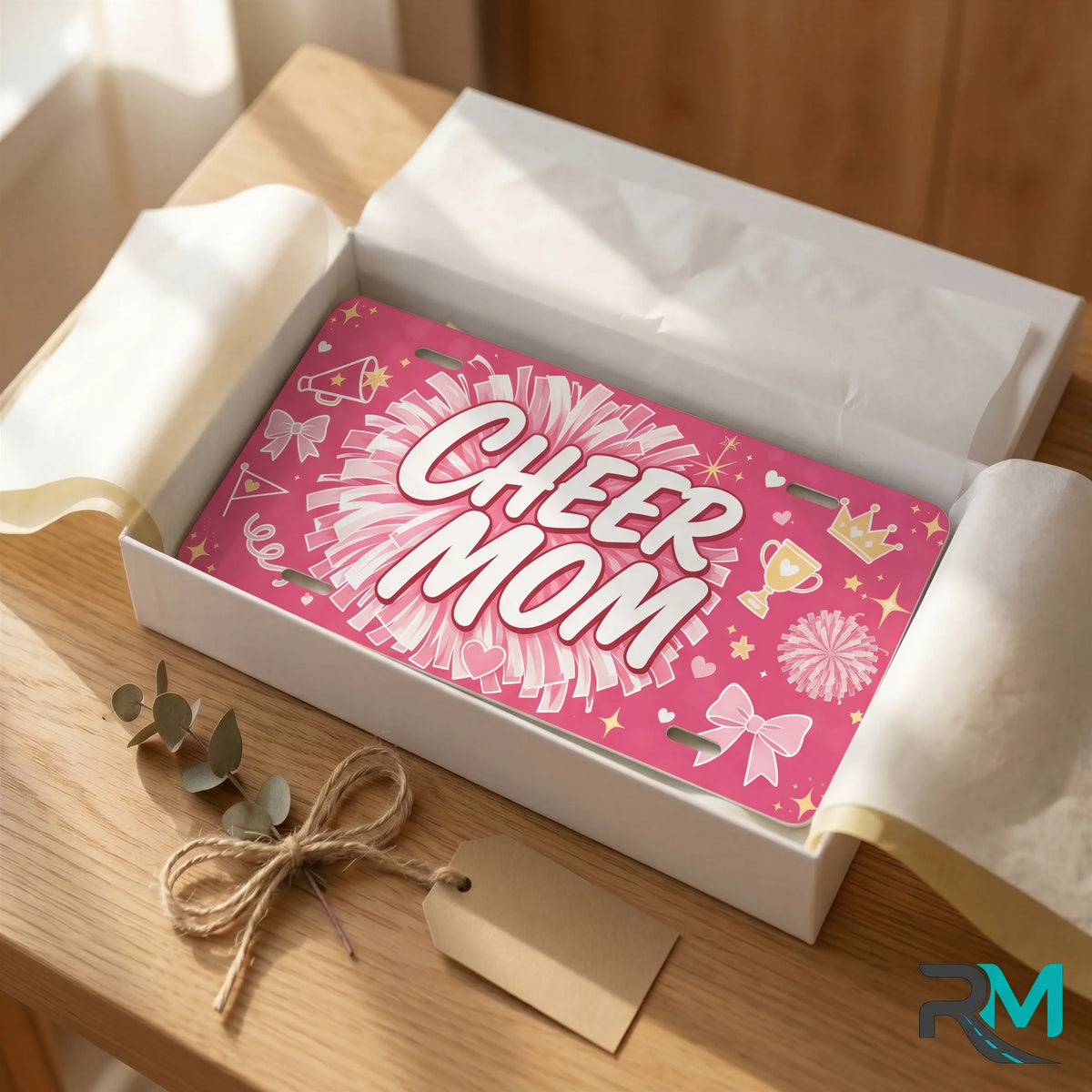 cheer mom vanity plate as gift — hot pink CHEER MOM license plate ready to give