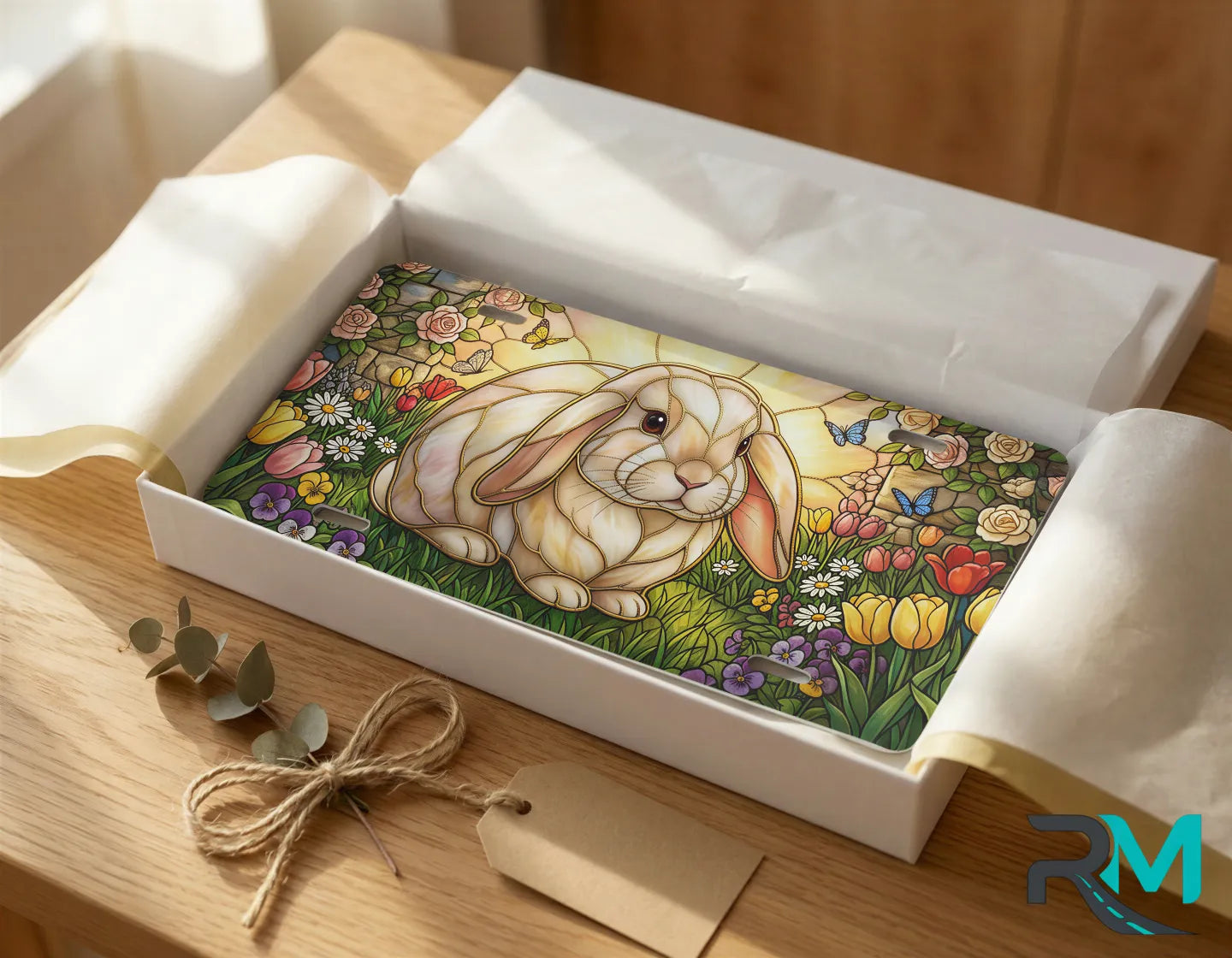 stained glass bunny vanity plate as gift — soft pastel rabbit garden license plate ready to give