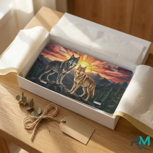 sunset wolves vanity plate as gift — jewel tone wolves mountain license plate ready to give
