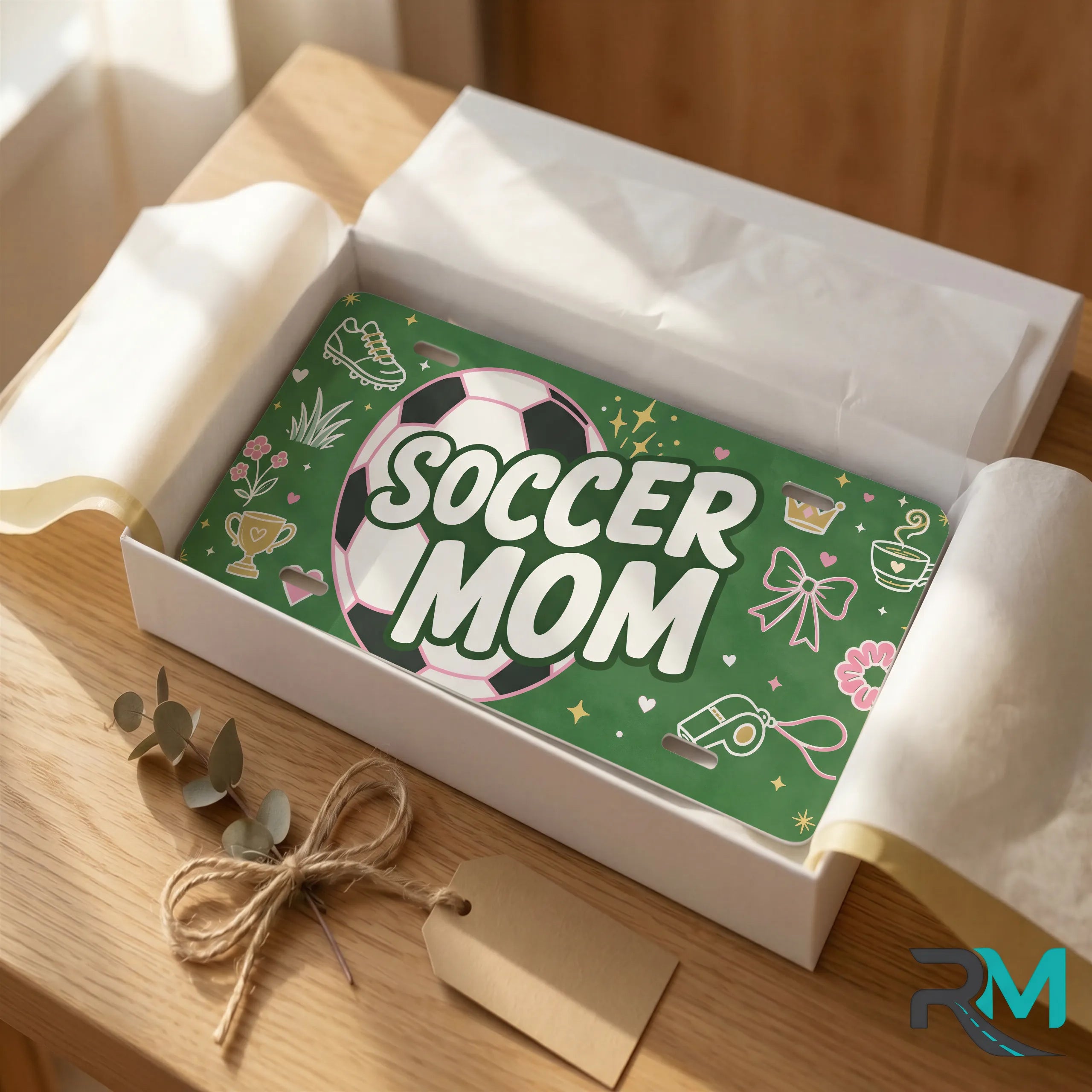soccer mom vanity plate as gift — pink soccer ball SOCCER MOM license plate ready to give