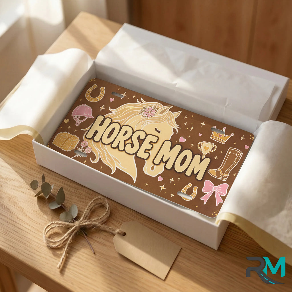 horse mom vanity plate as gift — warm brown HORSE MOM equestrian license plate ready to give