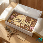 horse mom vanity plate as gift — warm brown HORSE MOM equestrian license plate ready to give