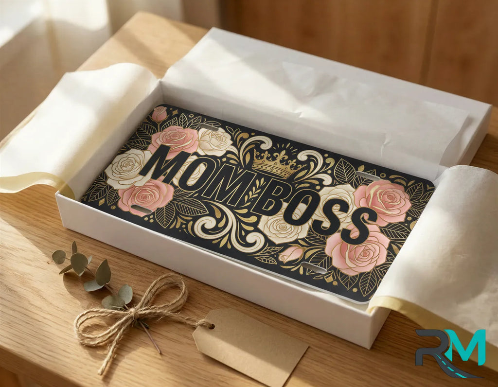 mom boss vanity plate as gift — floral crown license plate ready to give