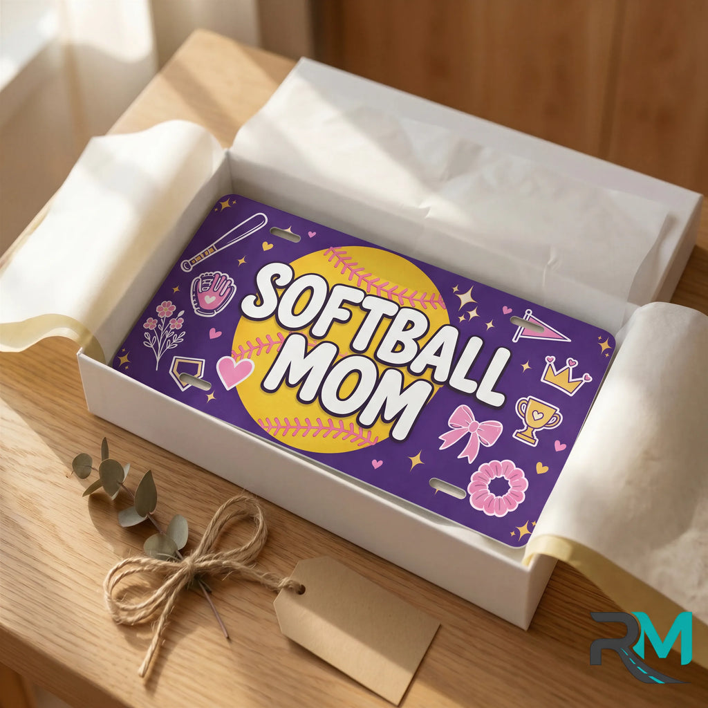 softball mom vanity plate as gift — purple SOFTBALL MOM license plate ready to give