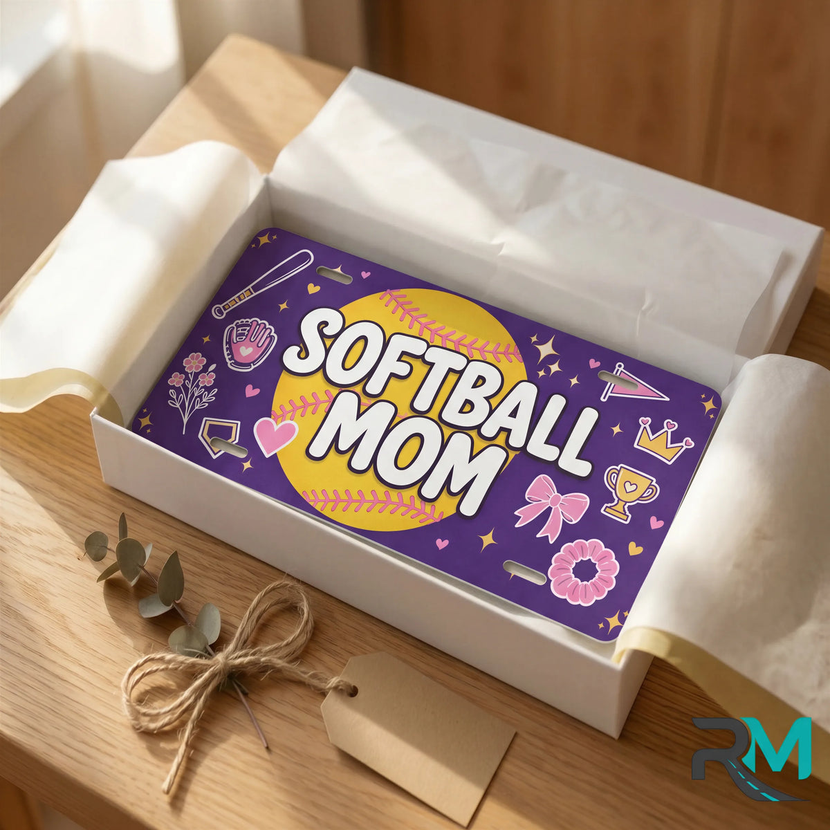 softball mom vanity plate as gift — purple SOFTBALL MOM license plate ready to give
