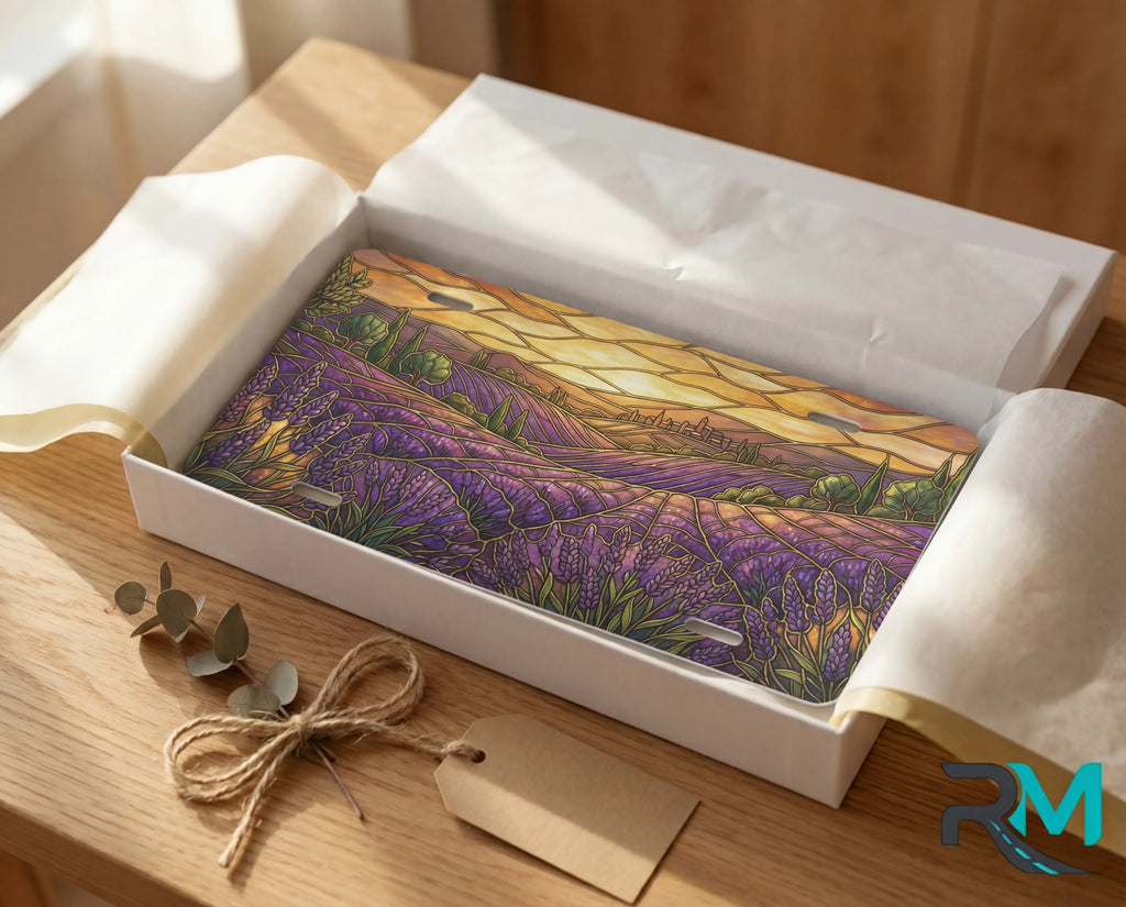 lavender field sunset vanity plate as gift — warm gold lavender hillside license plate ready to give