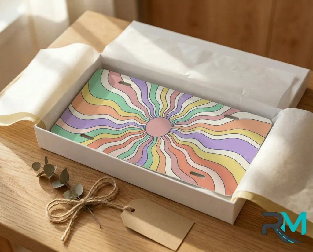 retro rainbow pastel vanity plate as gift — candy tone swirl sunburst license plate ready to give