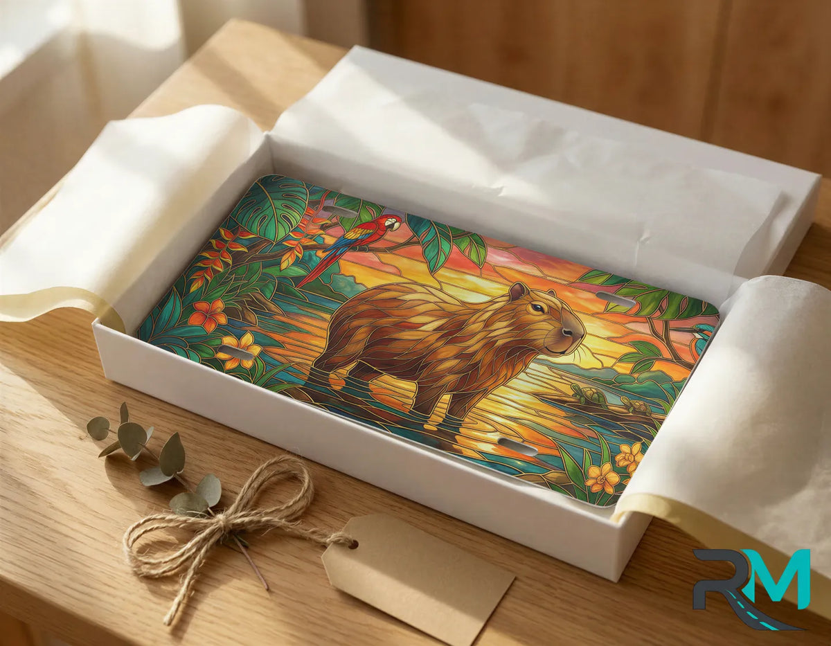 capybara sunset vanity plate as gift — golden capybara tropical license plate ready to give