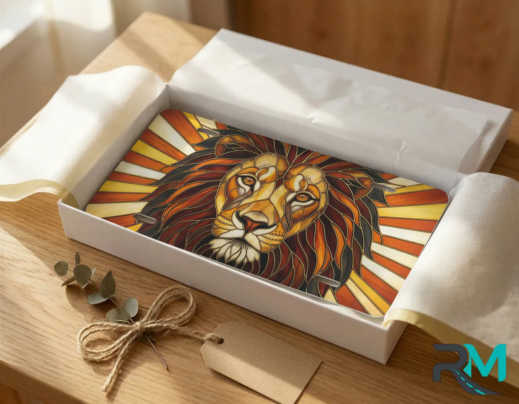 lion face vanity plate as gift — stained glass majestic lion license plate ready to give