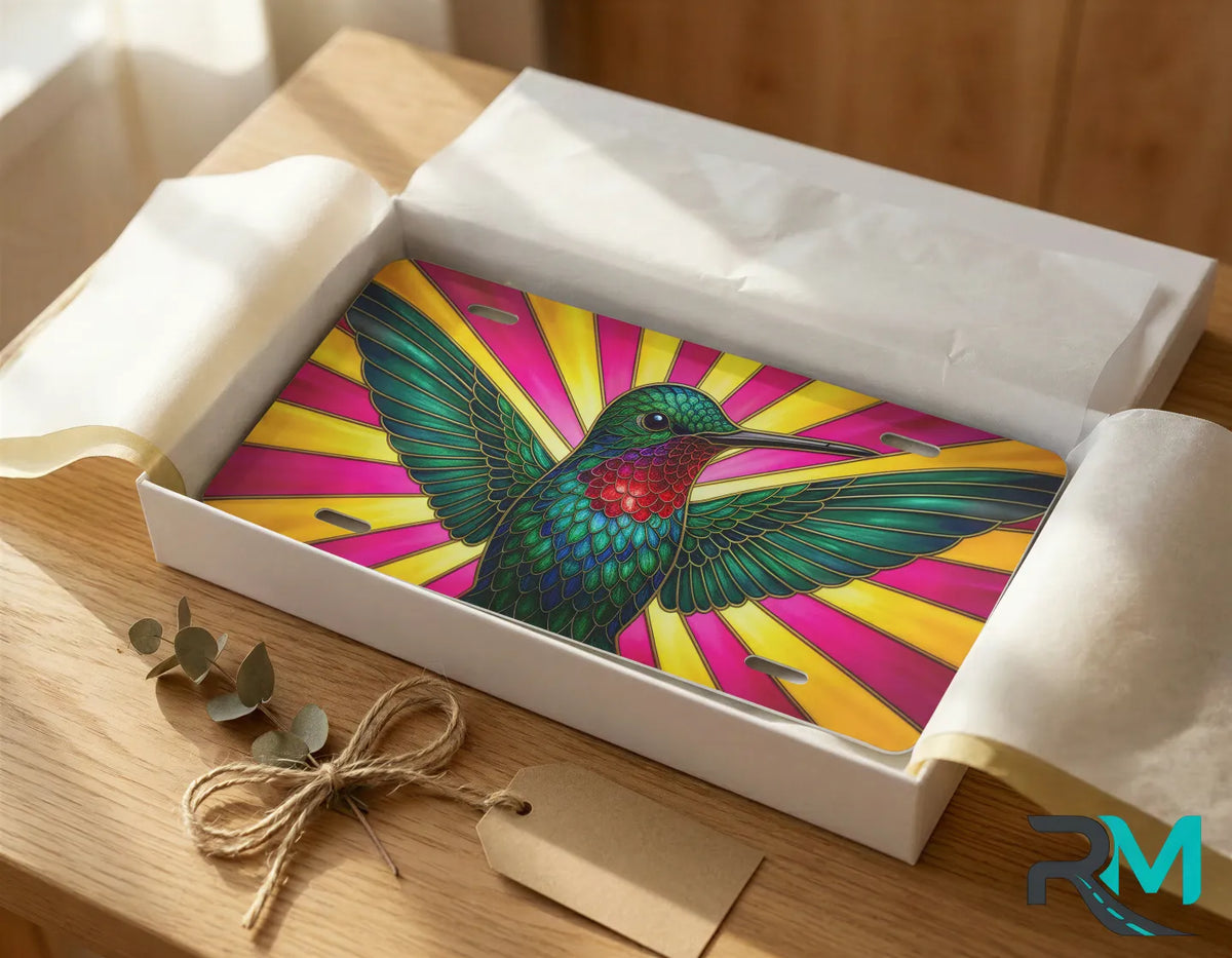 colorful hummingbird vanity plate as gift — jewel-tone bird nature license plate ready to give