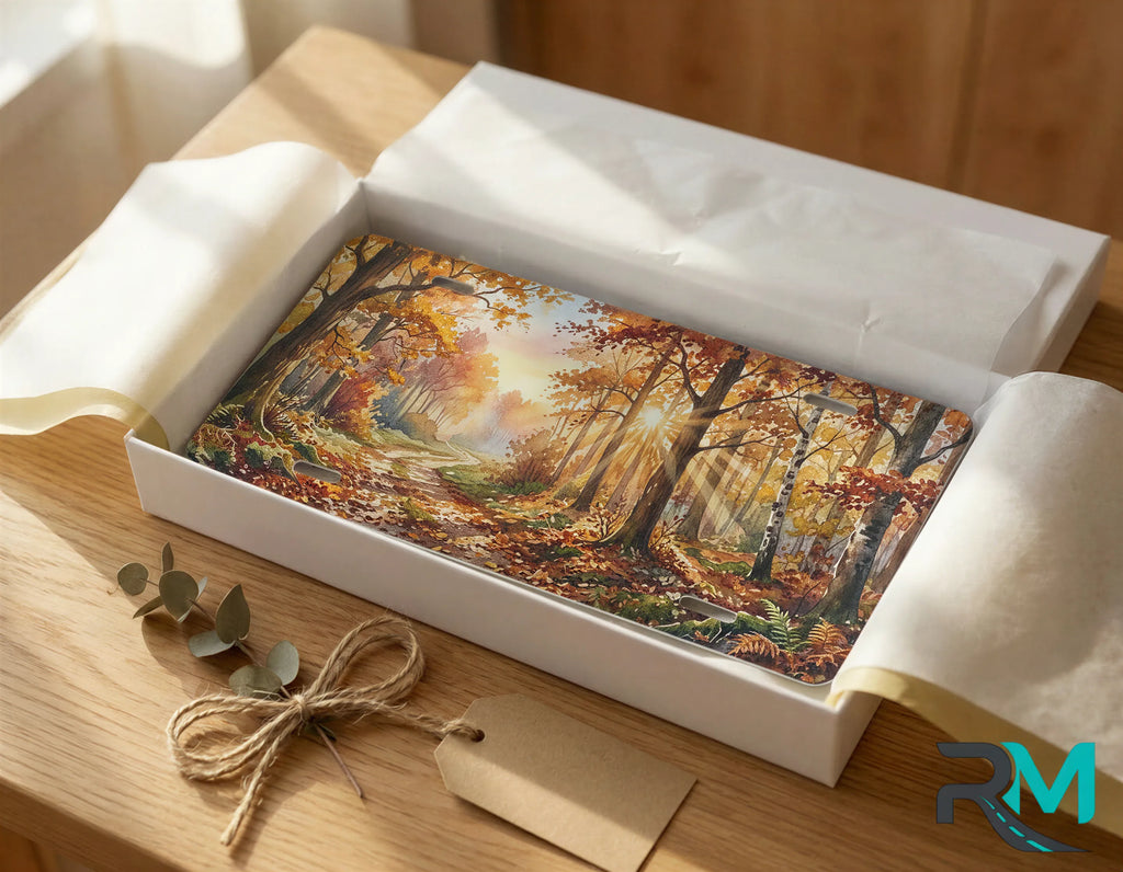 autumn forest vanity plate as gift — sunlit woodland path scenic license plate ready to give