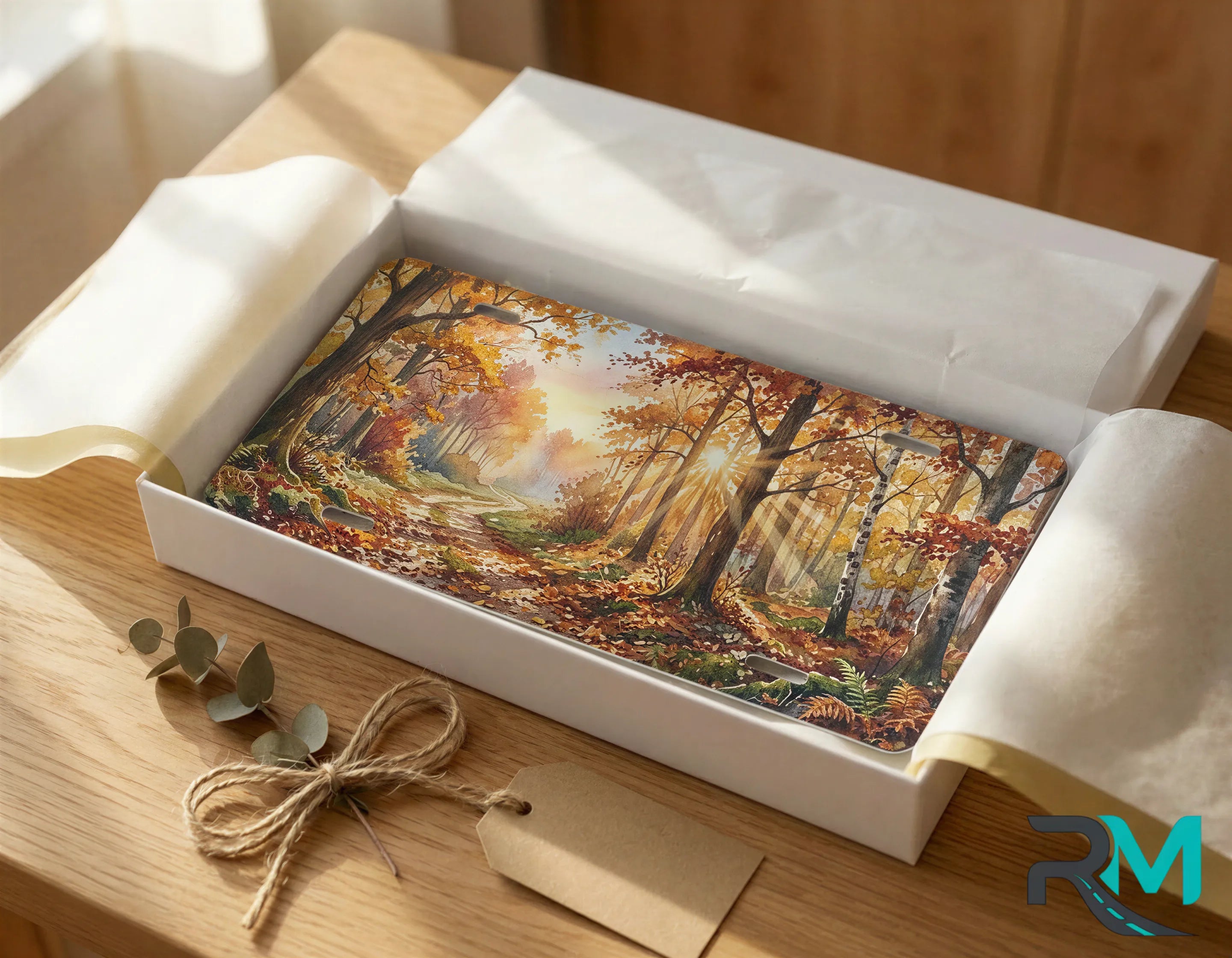 autumn forest vanity plate as gift — sunlit woodland path scenic license plate ready to give