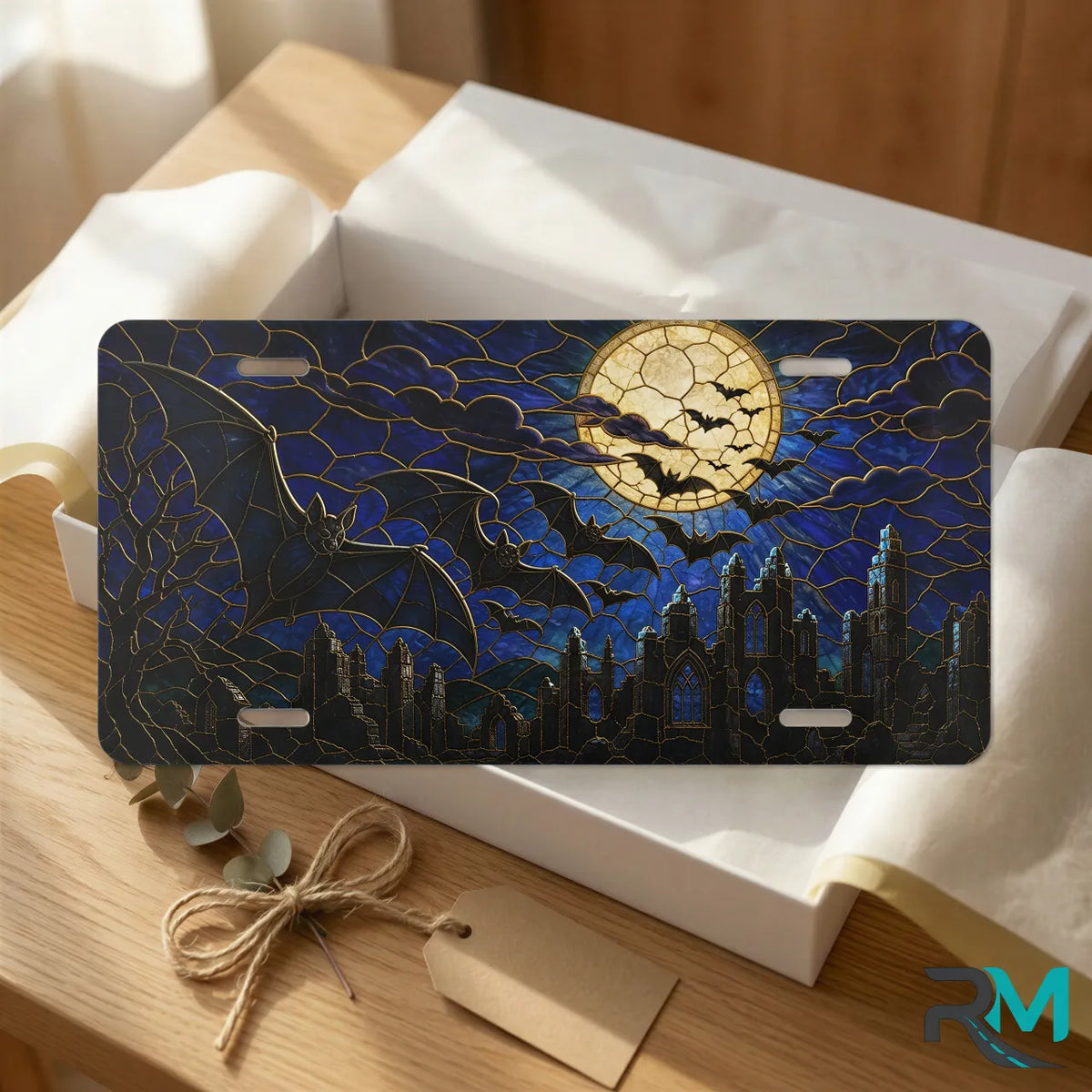 full moon bats vanity plate as gift — midnight blue bat silhouette moon license plate ready to give