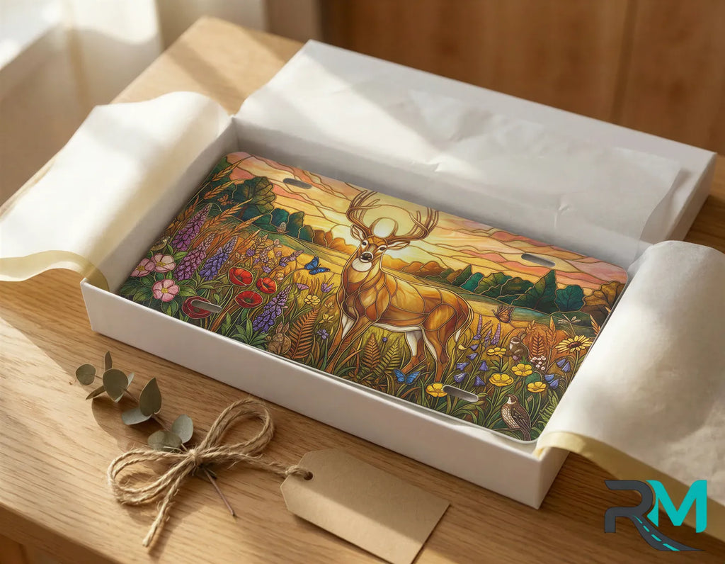 sunset deer vanity plate as gift — golden meadow wildlife license plate ready to give