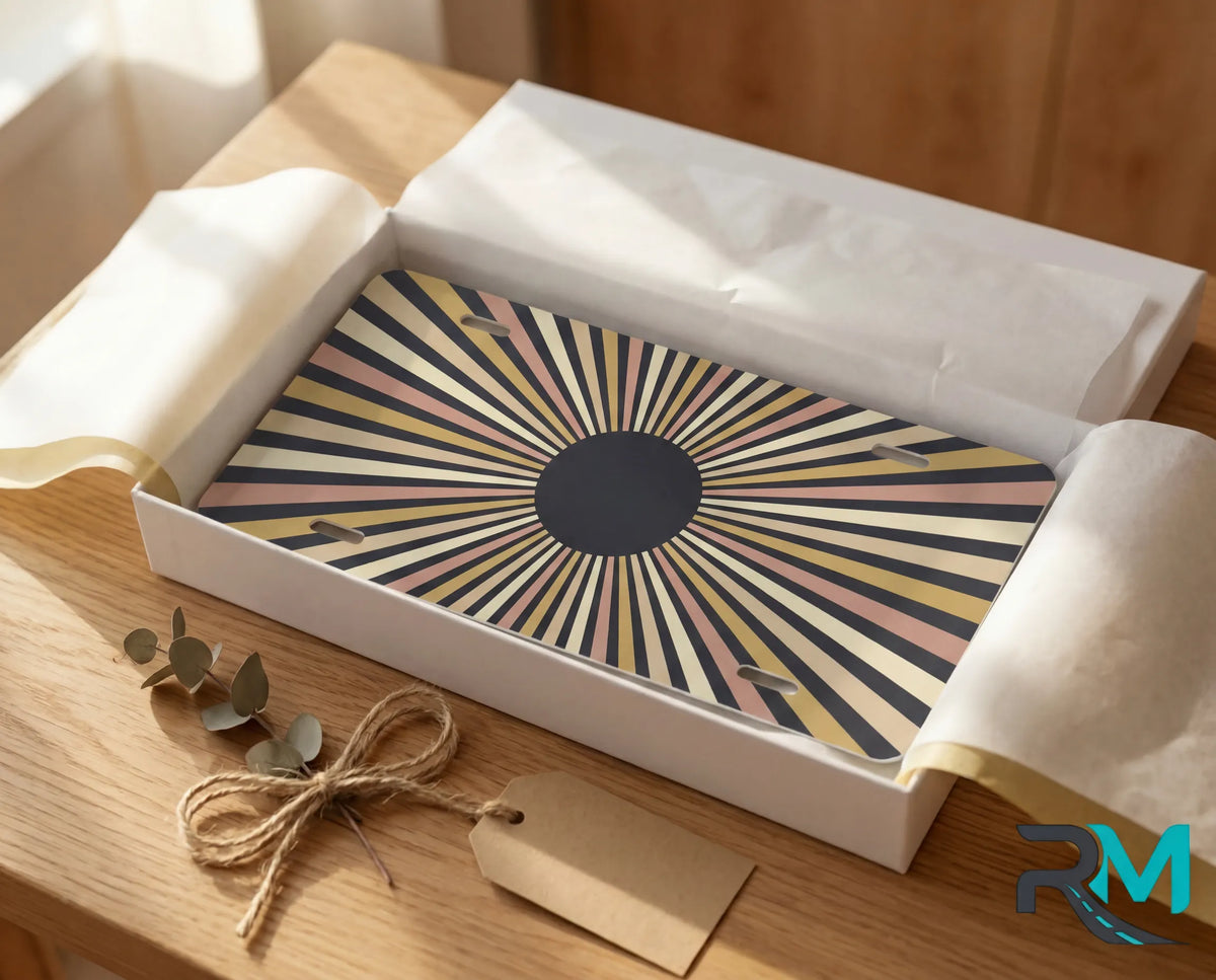 striped sunburst vanity plate as gift — mid-century retro license plate ready to give