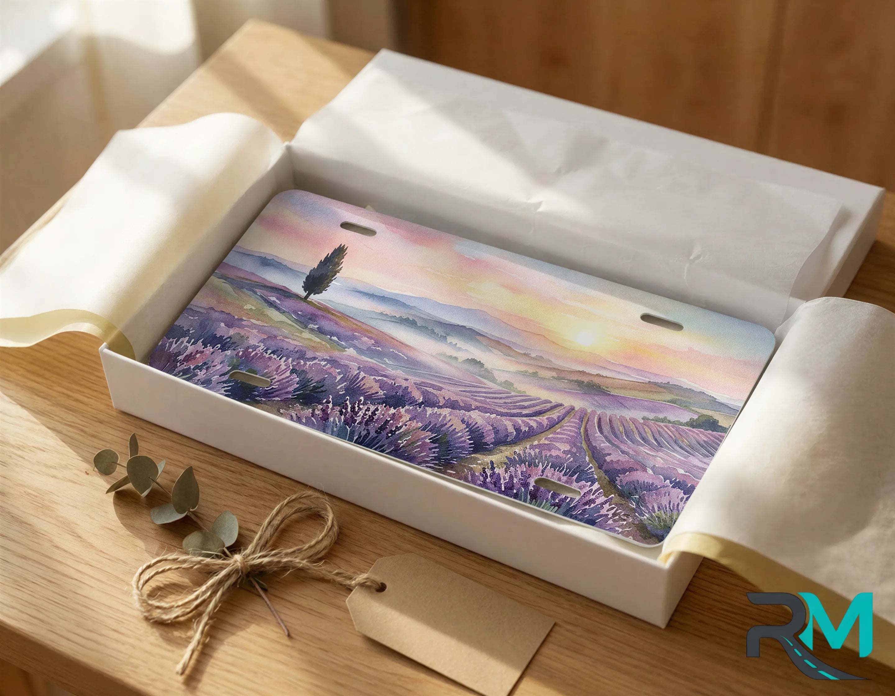 lavender sunset vanity plate as gift — countryside watercolor scenic license plate ready to give
