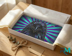 raven portrait vanity plate as gift — mystic blue teal bird license plate ready to give