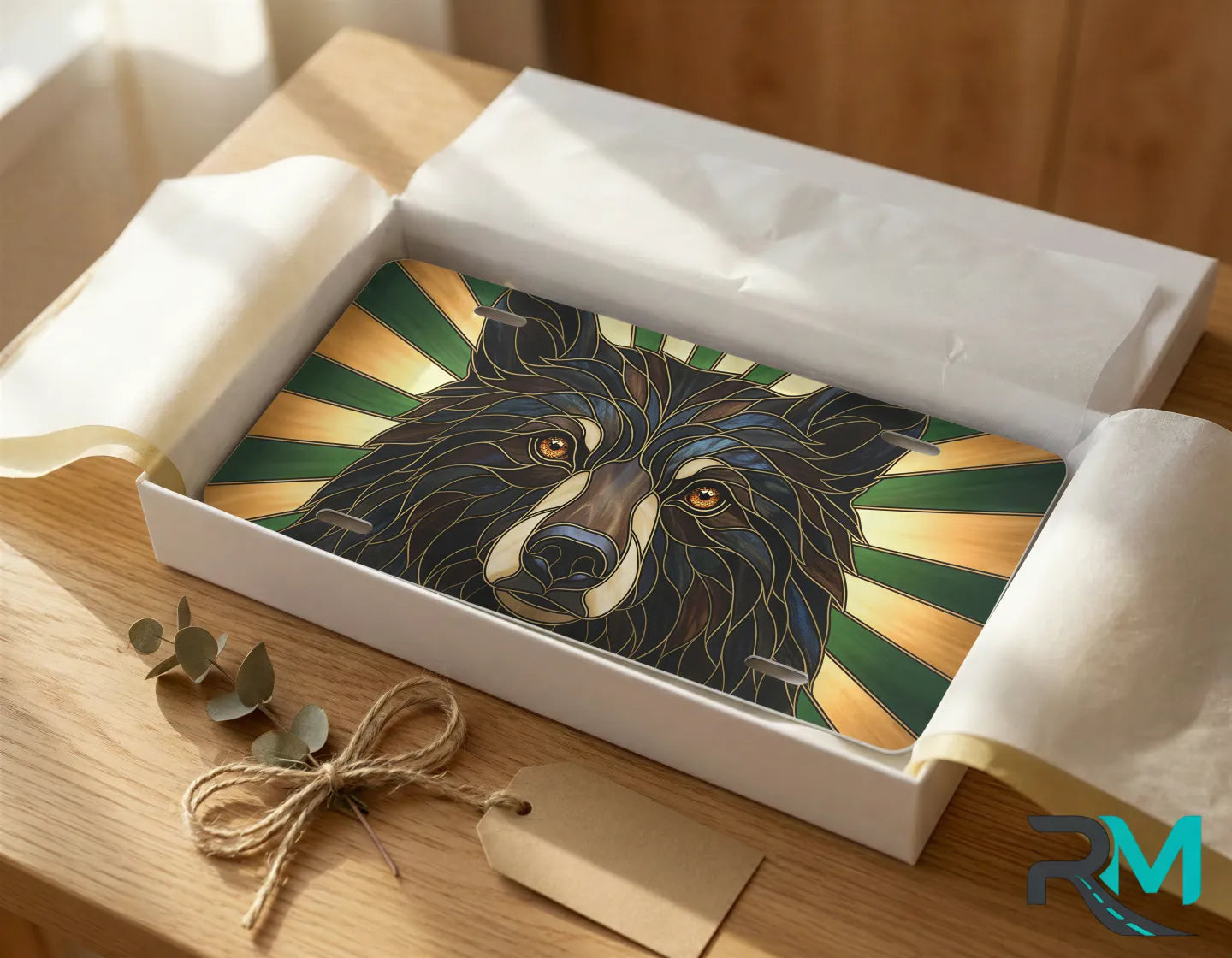 woodland bear vanity plate as gift — stained glass bear wildlife license plate ready to give