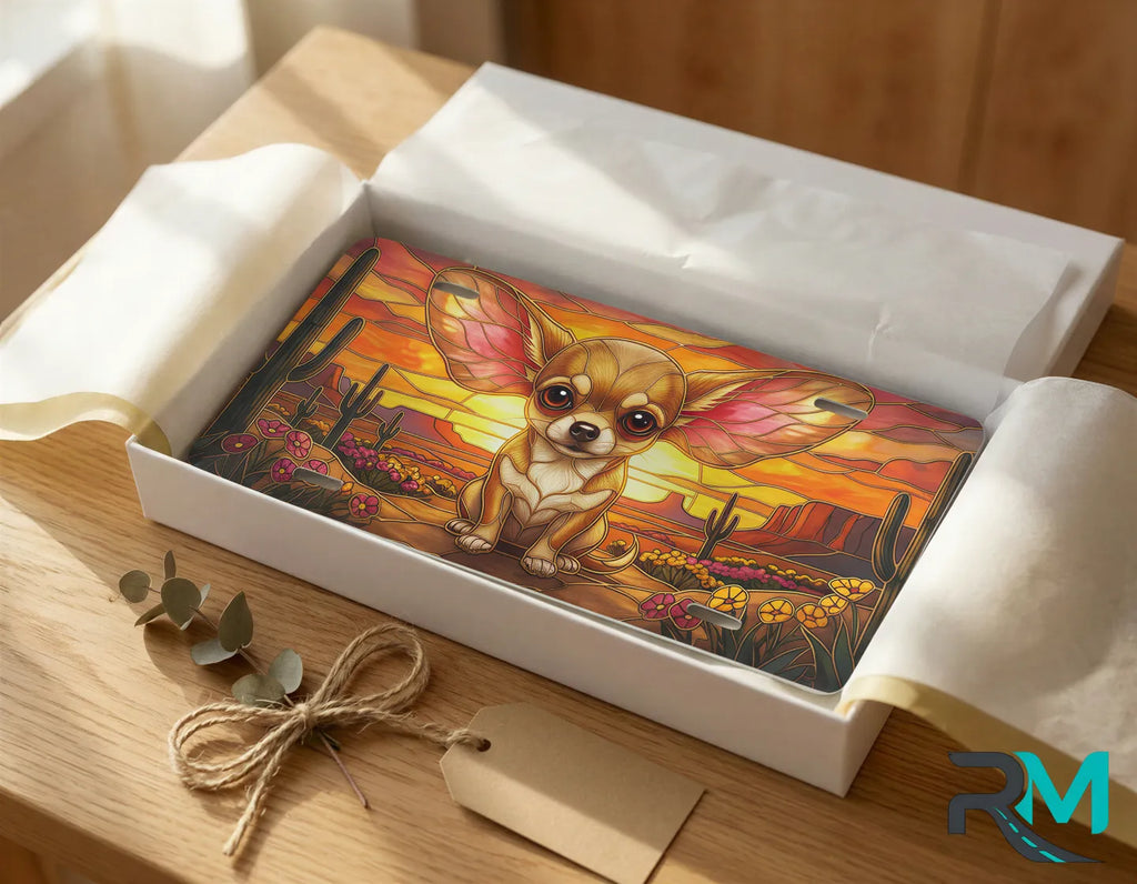 chihuahua desert vanity plate as gift — golden chihuahua desert sunset license plate ready to give