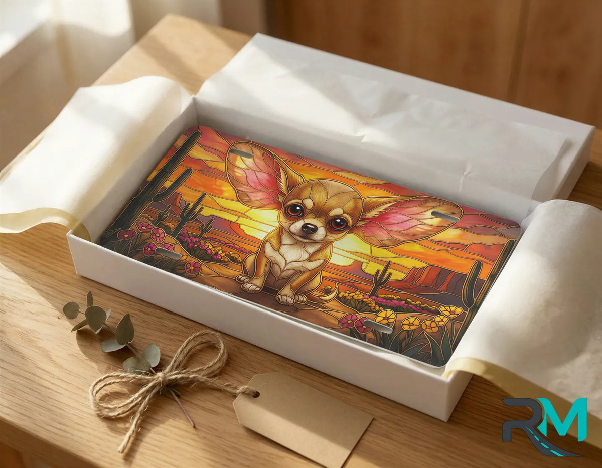 chihuahua desert vanity plate as gift — golden chihuahua desert sunset license plate ready to give